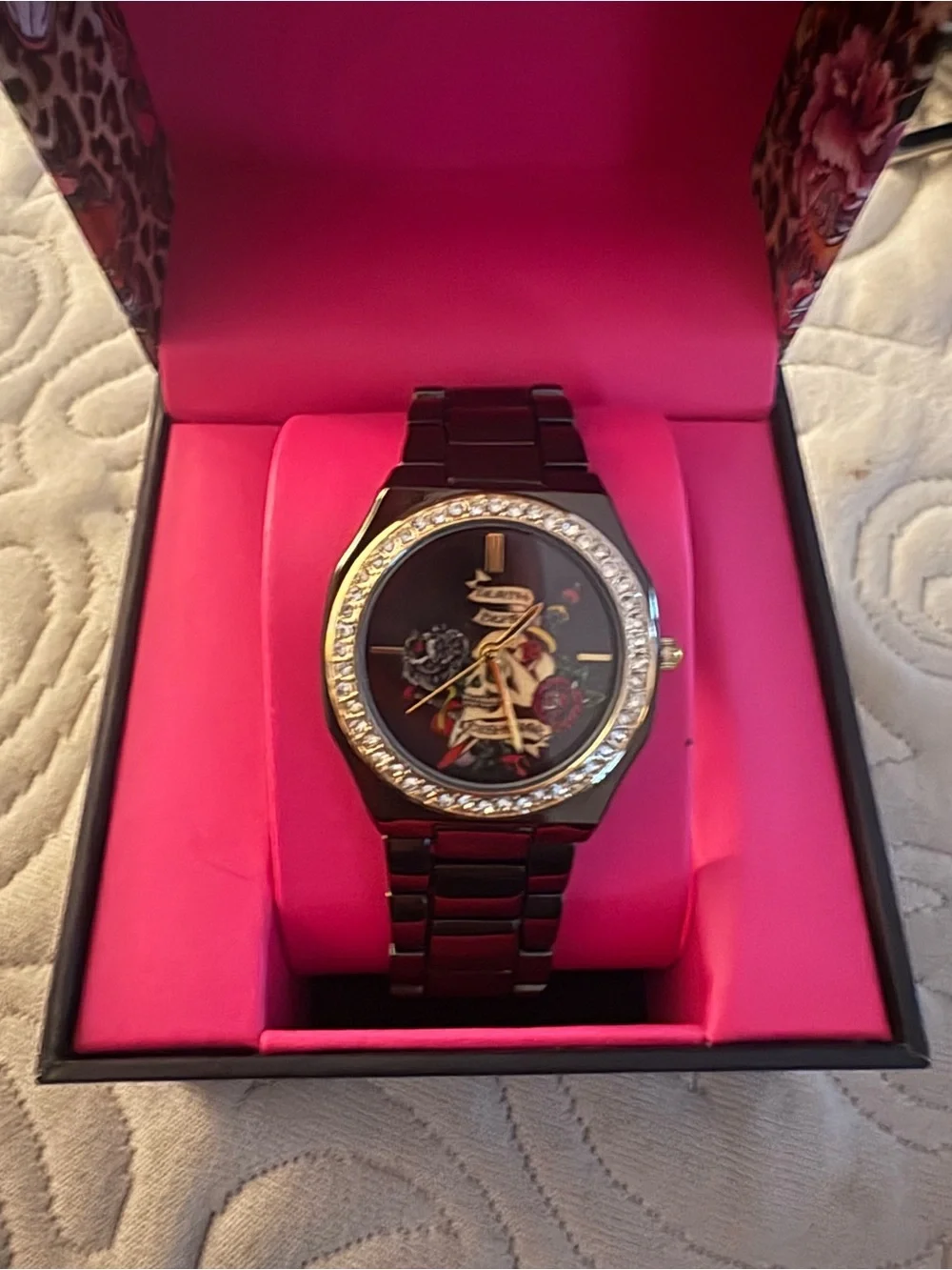 Black Ed hardy Metal Bracelet Watch with Floral Skull Dial and Crystal Bezel